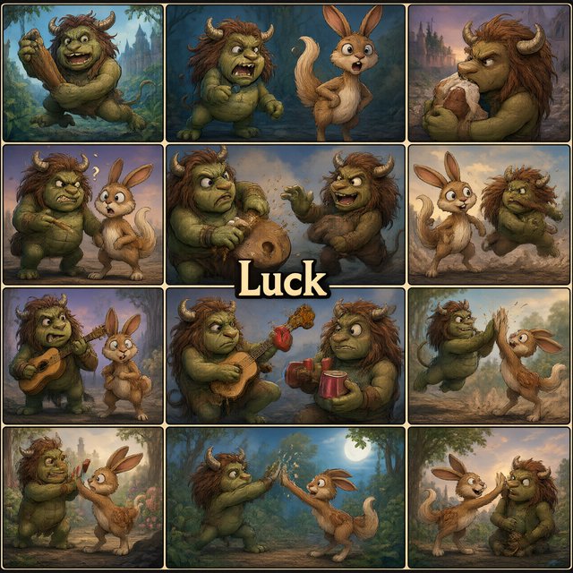 Many panels. Each panel represents an item, thing, creature, or scene that represents Luck. The word "Luck" appears at least once in the image. Be as creative as possible. — Qwen Image 3.0