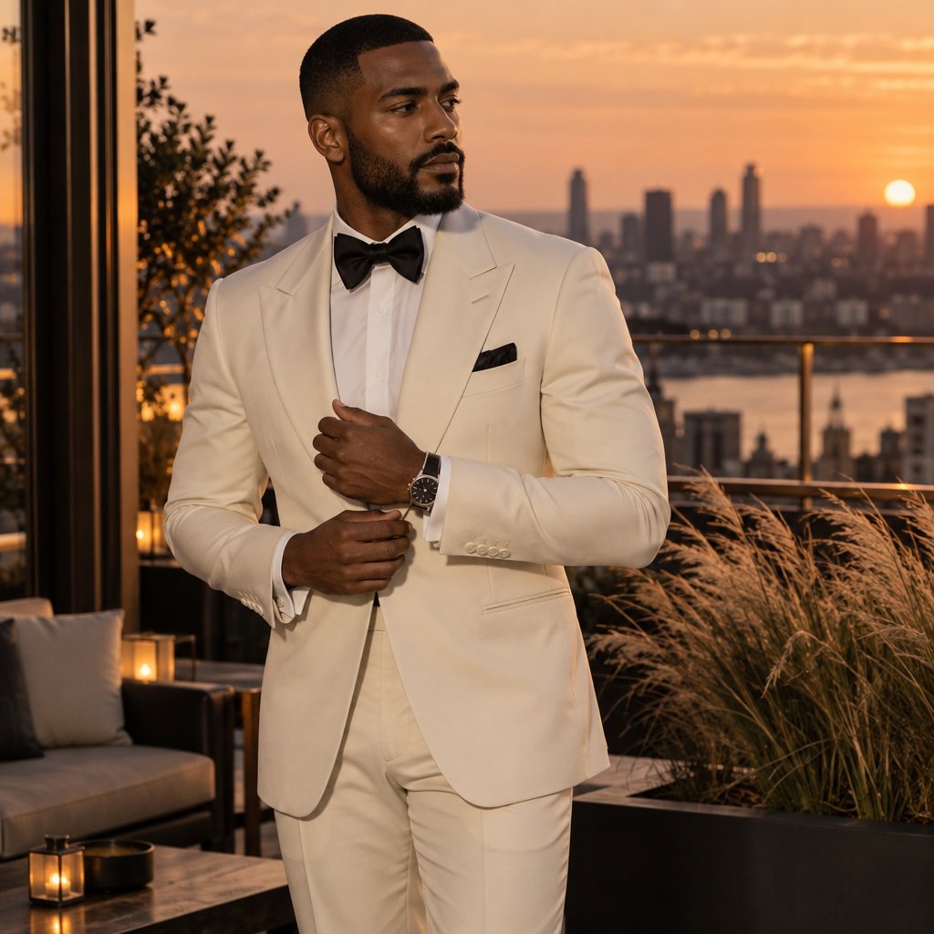 Under the copper glow of a rooftop terrace, an adult Black man in a tailored cream dinner suit is caught smoothing his lapel as evening breeze stirs nearby grasses; calm poise, sculpted shadows and refined fashion-magazine polish. — GPT Image 2.5 Sunburst