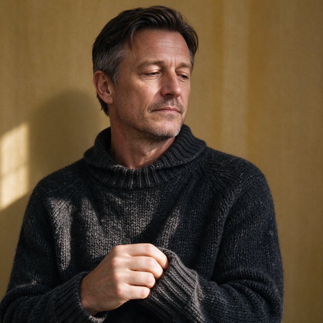 Editorial portrait of an adult man in his early 40s wearing a charcoal wool fisherman’s sweater, one hand loosely holding its ribbed cuff. His thoughtful, slightly tired expression rests against a muted ochre studio backdrop, shaped by gentle directional window light. — Seedream 5.0 Flash