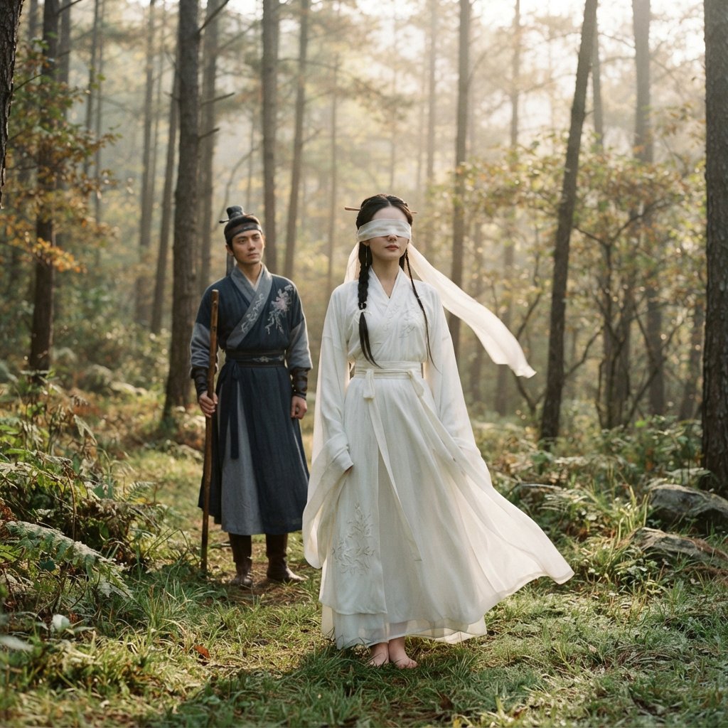 A beautiful young adult woman in flowing white hanfu stands quietly in a sparse forest, blindfolded with a soft white cloth. Grass surrounds her feet, and the scene feels calm, mysterious, and poetic. A few steps behind her stands a young adult male Taoist in traditional robes, gazing at her with a mesmerized, captivated expression. Gentle natural light filters through the thin trees, creating an ethereal atmosphere. Cinematic, elegant, emotionally evocative. — Nano Banana 2 Lite