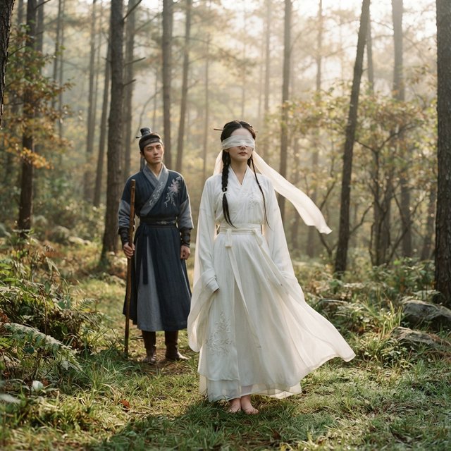 A beautiful young adult woman in flowing white hanfu stands quietly in a sparse forest, blindfolded with a soft white cloth. Grass surrounds her feet, and the scene feels calm, mysterious, and poetic. A few steps behind her stands a young adult male Taoist in traditional robes, gazing at her with a mesmerized, captivated expression. Gentle natural light filters through the thin trees, creating an ethereal atmosphere. Cinematic, elegant, emotionally evocative. — Nano Banana 2 Lite