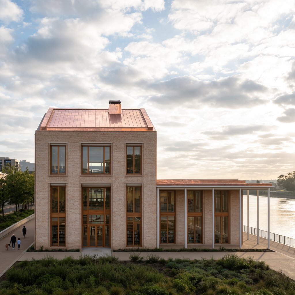 A riverside public library in contemporary Nordic brick architecture combines pale buff brick, oak-framed glazing, and a copper roof; cool morning light grazes its elevations, viewed from across the promenade, with straight lines and credible supports. — Krea 2 Large