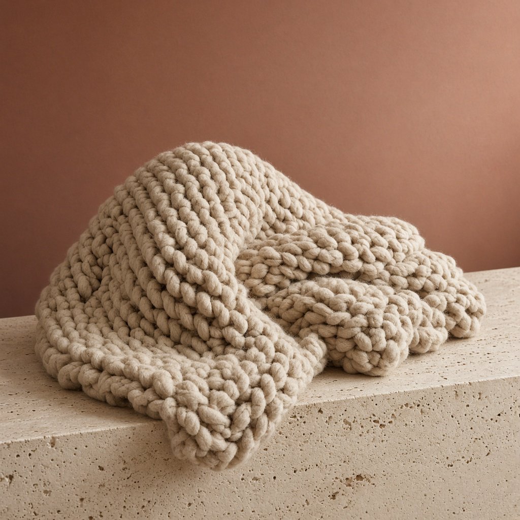 Soft folds of an unbranded chunky-knit wool throw rest on a pale travertine bench; its looped surface catches broad diffused key light and gentle side fill against a muted terracotta studio background, forming a clean commercial product image with no lettering. — Grok Imagine Image 2
