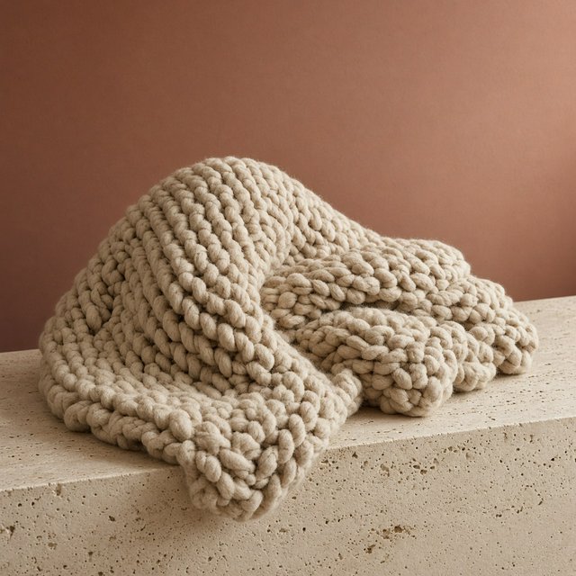 Soft folds of an unbranded chunky-knit wool throw rest on a pale travertine bench; its looped surface catches broad diffused key light and gentle side fill against a muted terracotta studio background, forming a clean commercial product image with no lettering. — Model 5