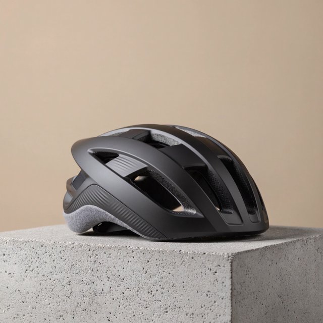 Commercial product photograph of an unbranded folding bicycle helmet made from matte charcoal polymer with soft gray padding, resting on a honed concrete plinth against a muted sand background, illuminated by a broad overhead softbox and gentle rim light. — ImagineArt 2