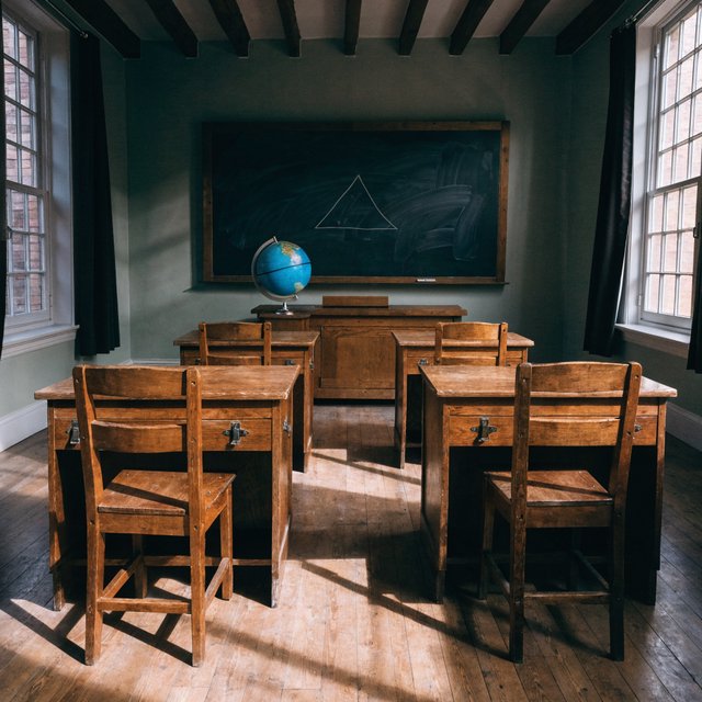 A classroom with exactly four desks in two rows, a globe on the teacher's desk, a chalkboard with a single drawn triangle, empty of people. — Recraft v4