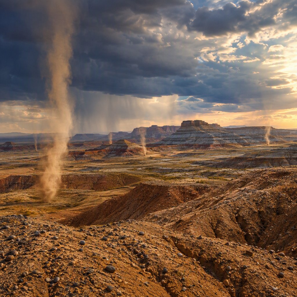 Wind-driven dust devils spiral across ochre badlands beneath a storm-clearing late-afternoon sky; pebble-studded clay ridges and tiny erosion grooves sharpen nearby, while layered mesas recede through veils of rain. — GPT Image 2.5 Flare
