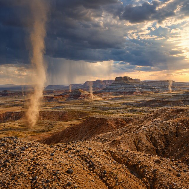 Wind-driven dust devils spiral across ochre badlands beneath a storm-clearing late-afternoon sky; pebble-studded clay ridges and tiny erosion grooves sharpen nearby, while layered mesas recede through veils of rain. — GPT Image 2.5 Flare