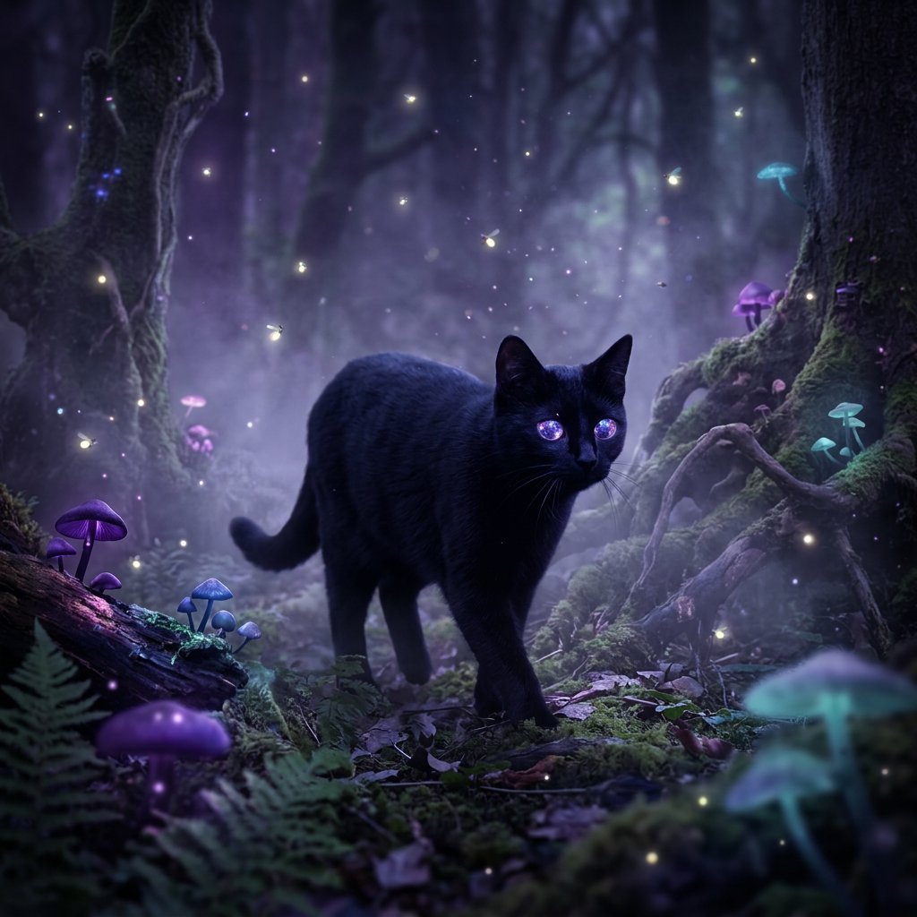 A sleek, obsidian cat with fur that seems to absorb all light, walks with quiet grace through a tranquil, mist-shrouded forest. Its eyes glow with an inner cosmic energy, reflecting distant nebulae. Ethereal fireflies drift around it, illuminating ancient, gnarled trees and glowing mushrooms. The style is deeply atmospheric, emphasizing soft focus and a palette of deep purples and blues. — Nano Banana 2.1