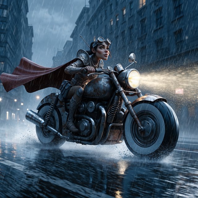 A modeled 3D character design featuring exaggerated, caricatured proportions and a striking silhouette—combined with subtle, nuanced skin shading and warm, cinematic rim lighting—creates an elegant aesthetic reminiscent of modern animated films. The result is a polished, stylized rendering characterized by rich color depth, expressive caricatured facial features, painterly texture details, and a dramatic, theatrical atmosphere typical of contemporary animation. An adult female superhero with a flowing cape on a moving motorcycle. Dieselpunk style. — Recraft v4 Pro