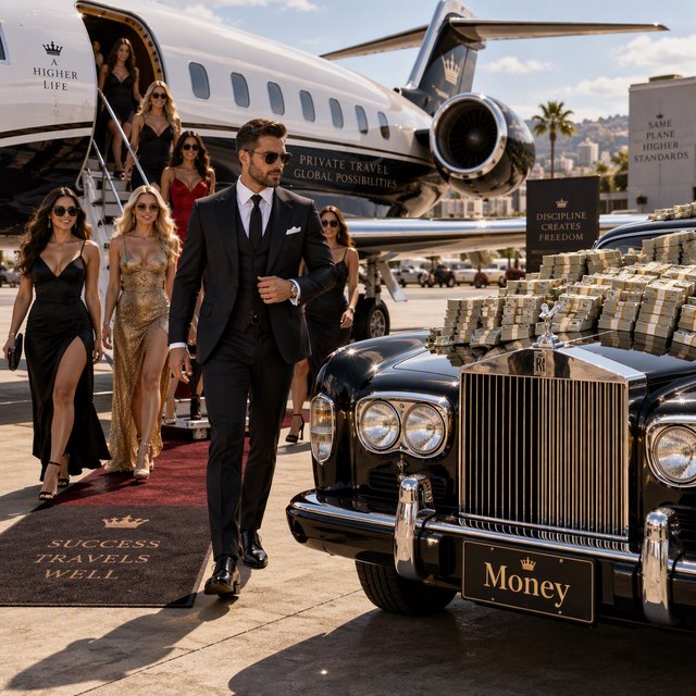 A man dressed in very nice formal clothes is getting off a private black-and-white plane. Many beautiful adult women in dresses are following the man. The man is heading toward a very high-end classic black car. The word "Money" is on the car's license plate. On top of the car is a ton of money. It is the afternoon. The vibe is cool and rich. — GPT Image 2.5 Sunburst