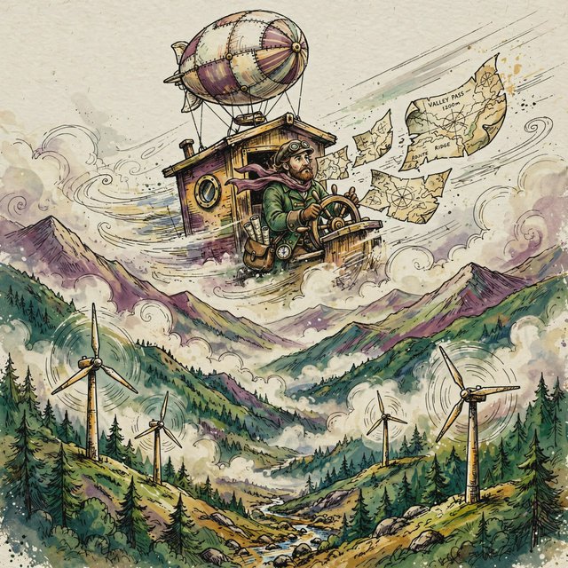 Ink-and-gouache illustration of an adult cartographer steering a small airship above a cloud-filled mountain valley, maps fluttering from the cabin and wind turbines turning below. Palette of emerald, ochre, plum, and cream, with lively linework and atmospheric washes. — Muse Image 1.0
