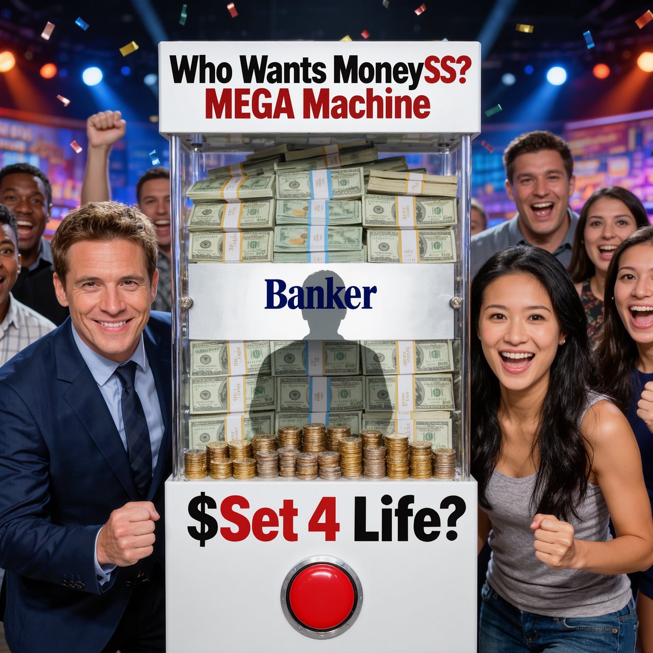 People on the set of a super mega game show called "Who Wants Money$$$?". There are at least six adults (three men and three women), all of different races, looking really excited. There is a big machine with a lot of cash inside. At the top of the machine it says "Who Wants Money$$$? MEGA Machine". In the middle of the machine it says "Banker", with the shadow of a man near the name. At the bottom of the machine it says "$Set 4 Life$", with a red button in the middle of the words. Near the machine are game hosts on both sides of it: a handsome man and a pretty woman. — Kling v3 Omni