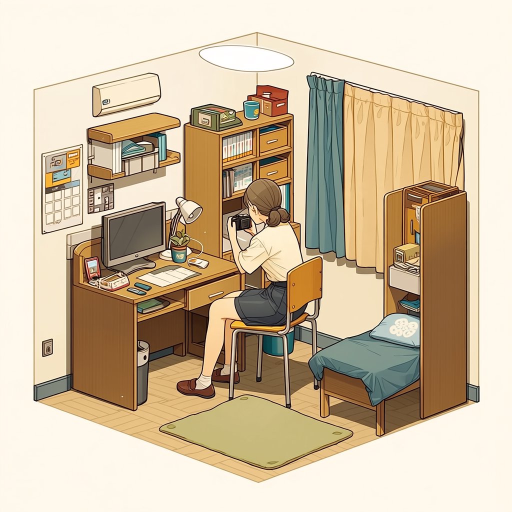 A dorm room belonging to an adult woman, photographed with a cell phone. The camera is sitting on a desk facing the empty chair and the rest of the room. — Midjourney Niji 7