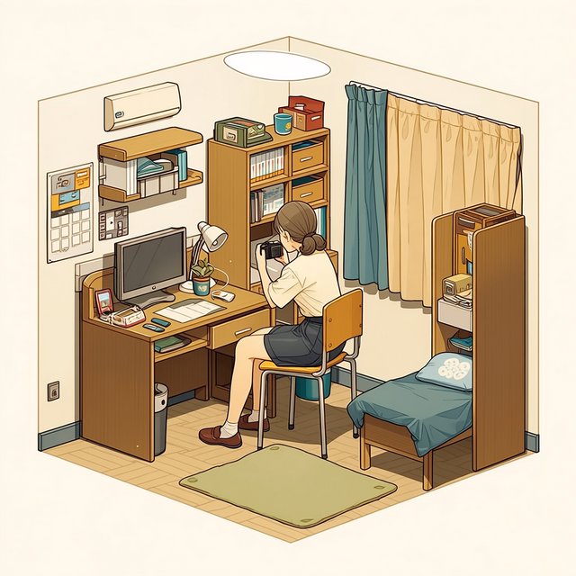 A dorm room belonging to an adult woman, photographed with a cell phone. The camera is sitting on a desk facing the empty chair and the rest of the room. — Midjourney Niji 7