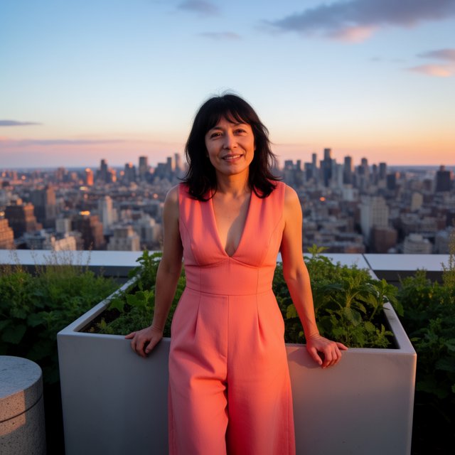 Editorial glamour photograph of an adult woman in a tailored coral evening jumpsuit on a rooftop herb garden at blue hour, resting one hand on a stone planter, flattering sunset glow, relaxed expression, city lights softly blurred behind her. — Krea 2 Medium