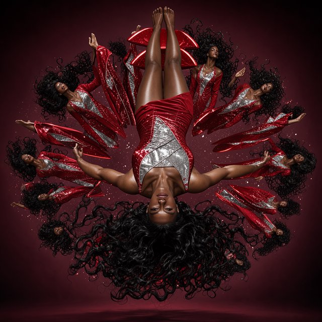 Image of a pop-dance African-American diva. The woman hangs completely inverted in mid-air, head pointing toward the floor and legs toward the ceiling. Her huge hair falls and spreads dramatically in the opposite direction, while her expression remains cool and composed. Her red gown is turned inside out, exposing its sparkling lining, seams, and construction. To push the surrealism further, a second, reversed version of her silhouette appears to peel outward from her original form, like a three-dimensional reflection escaping its owner. Multiple copies of the woman circle around a central point, each rotated to a different angle. Their flowing hair and red gowns form a pinwheel or circular vortex, creating the impression that one woman is spinning endlessly around herself. — FLUX 3 Image Klein