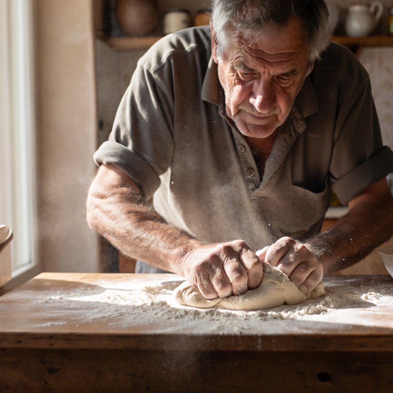 Documentary photo of a home kitchen mid-morning, flour dust in a shaft of window light, an older man kneading dough, natural light only. — ImagineArt 2