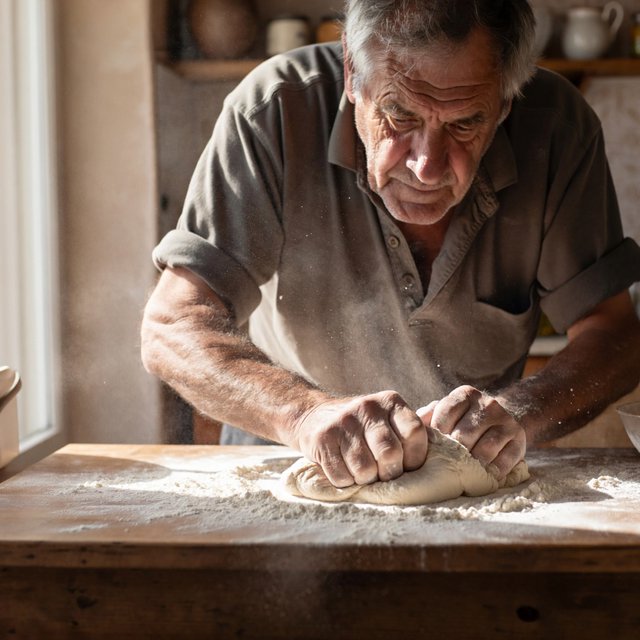 Documentary photo of a home kitchen mid-morning, flour dust in a shaft of window light, an older man kneading dough, natural light only. — ImagineArt 2
