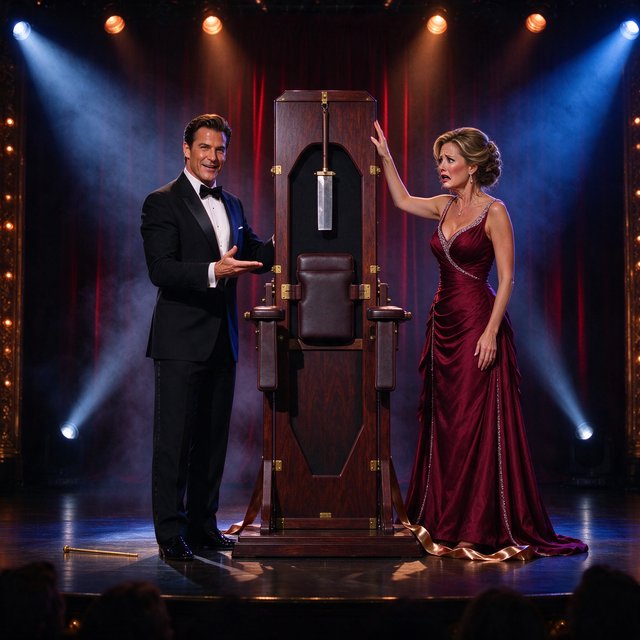 A magician's act on a well-lit stage. A well-dressed magician and glamorous adult female assistant have just unveiled the magician's guillotine. The adult female assistant fakes a worried look, knowing she will shortly participate in the illusion. — Seedream 5.0 Flash