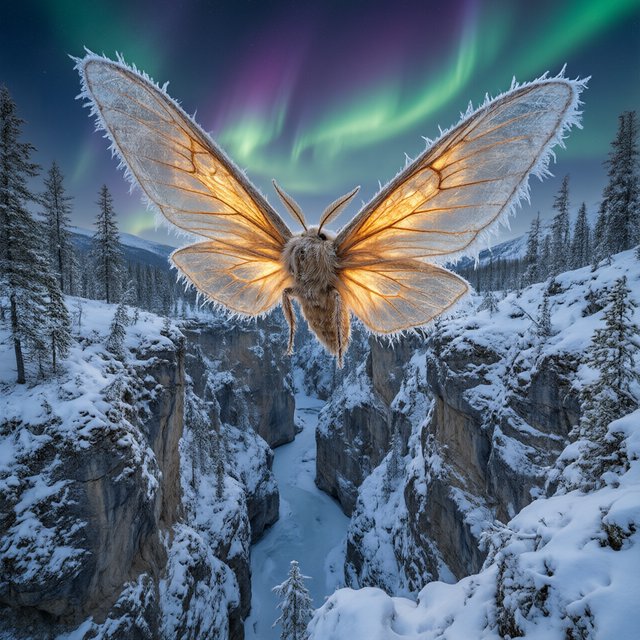 A cathedral-sized mothlike creature glides above a frozen ravine, its translucent wings veined with amber light and fringed with frost. Tiny mountain pines cling to the cliffs as aurora colors ripple across the snow. — Qwen Image 3.0