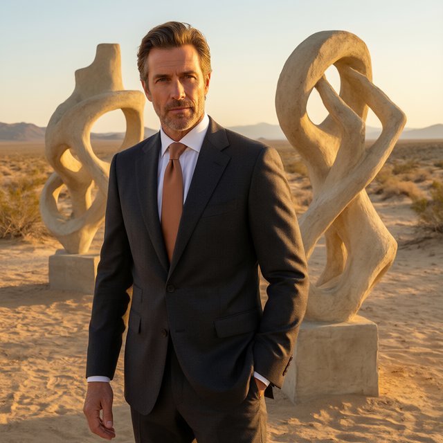 Editorial glamour photograph of an adult man in a charcoal evening suit with a muted copper tie, standing at ease beside a desert art installation, flattering sunset light warming the sculptural landscape, composed expression and refined magazine atmosphere. — Qwen Image 3.0