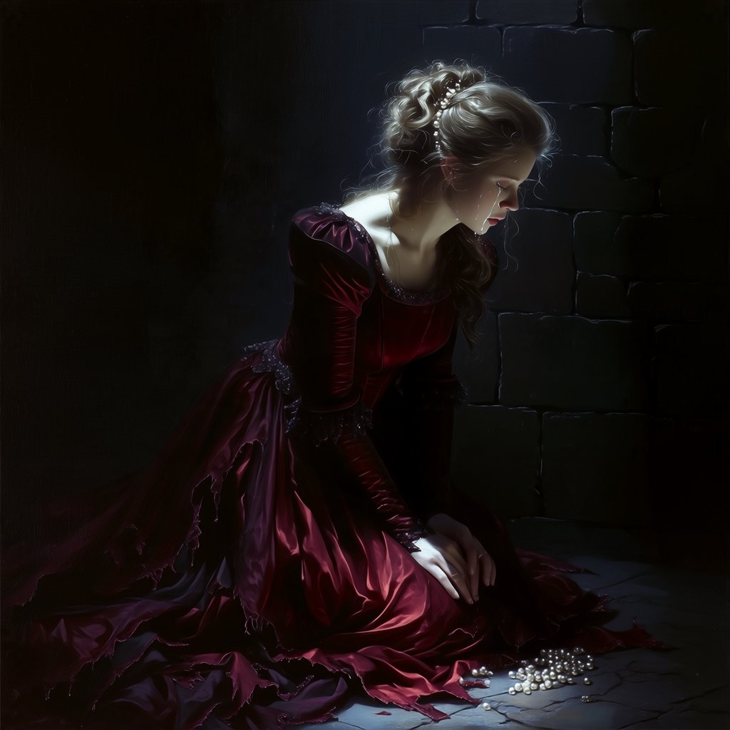 A dramatic cinematic portrait of a fallen noblewoman kneeling in a dimly lit stone chamber, wearing a disheveled dark crimson silk gown, the fabric torn and loose, revealing hints of pale skin, strong chiaroscuro lighting highlighting her silhouette and sorrowful expression, tears, messy hair adorned with broken pearls, atmosphere of despair and silence, oil painting style realism — Midjourney Niji 7