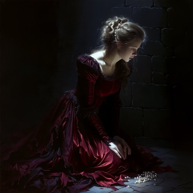A dramatic cinematic portrait of a fallen noblewoman kneeling in a dimly lit stone chamber, wearing a disheveled dark crimson silk gown, the fabric torn and loose, revealing hints of pale skin, strong chiaroscuro lighting highlighting her silhouette and sorrowful expression, tears, messy hair adorned with broken pearls, atmosphere of despair and silence, oil painting style realism — Midjourney Niji 7