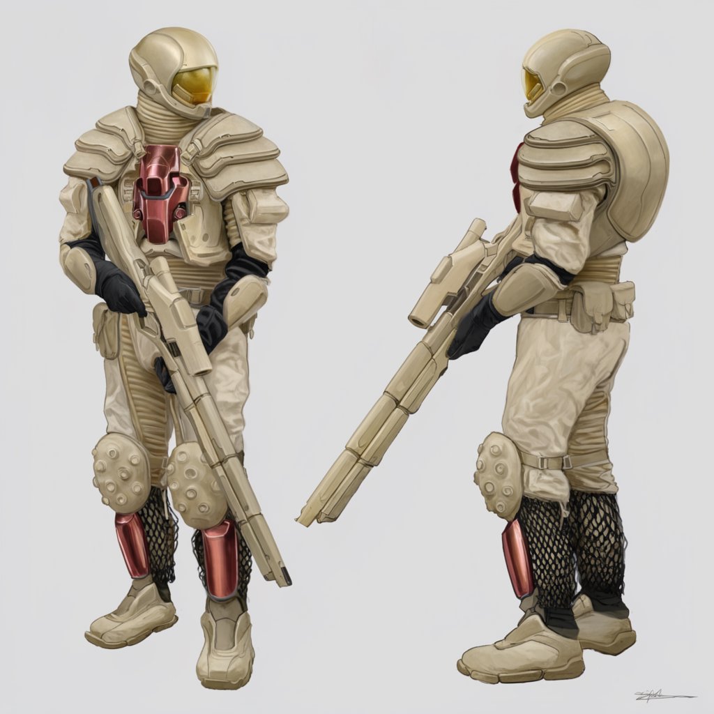 Character design sheet of a desert ranger in layered sand-coloured armour with a long rifle, front and side view, neutral background. — Krea 2 Large