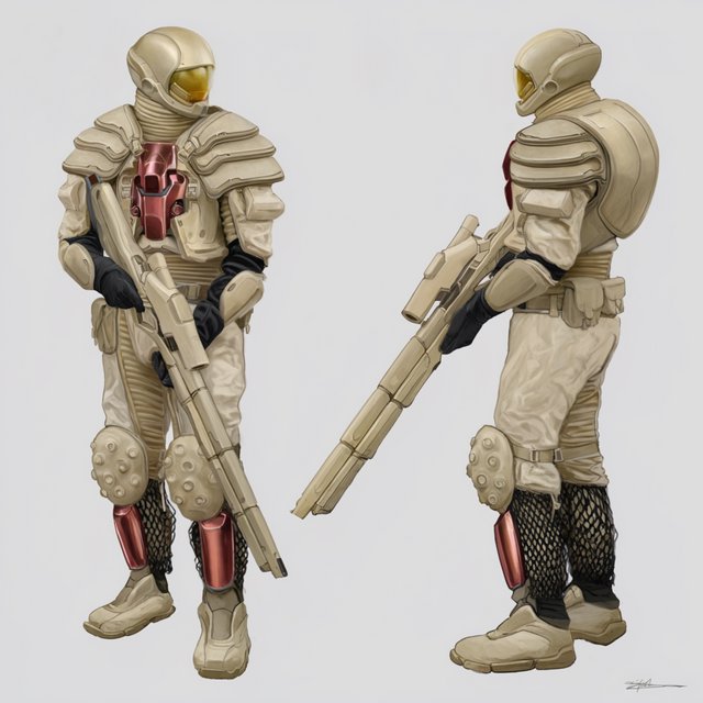 Character design sheet of a desert ranger in layered sand-coloured armour with a long rifle, front and side view, neutral background. — Krea 2 Large