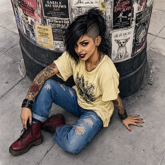 Realistic India ink illustration with crisp black lines, realistic anatomy and proportions, and watercolor fills; black ink outlines remain visible. Full-length, overhead view. A Latina woman sits on the pavement with her back against an enormous, thick round downtown pillar covered in posters for bands, art shows, burlesque, and a lost dog. One hand rests on the pavement, the other on an ankle. She tilts her head back, looking up at the viewer with a confident smile. Character: 25-year-old woman, medium-brown skin, slim build, edgy punk/goth appearance. Black asymmetrical undercut, right side shaved, longer top brushed across forehead, short messy ponytail. Sharp features, arched brows, brown almond-shaped eyes, heavy eyeliner, dark burgundy lipstick, six ear piercings. Each fingernail a different color. Loose pale-yellow graphic T-shirt, ripped blue jeans, dark red combat boots. Full left-arm sleeve tattoo of vines, leaves, and red roses. Thick black leather bracelets on both wrists. — Qwen Image 3.0