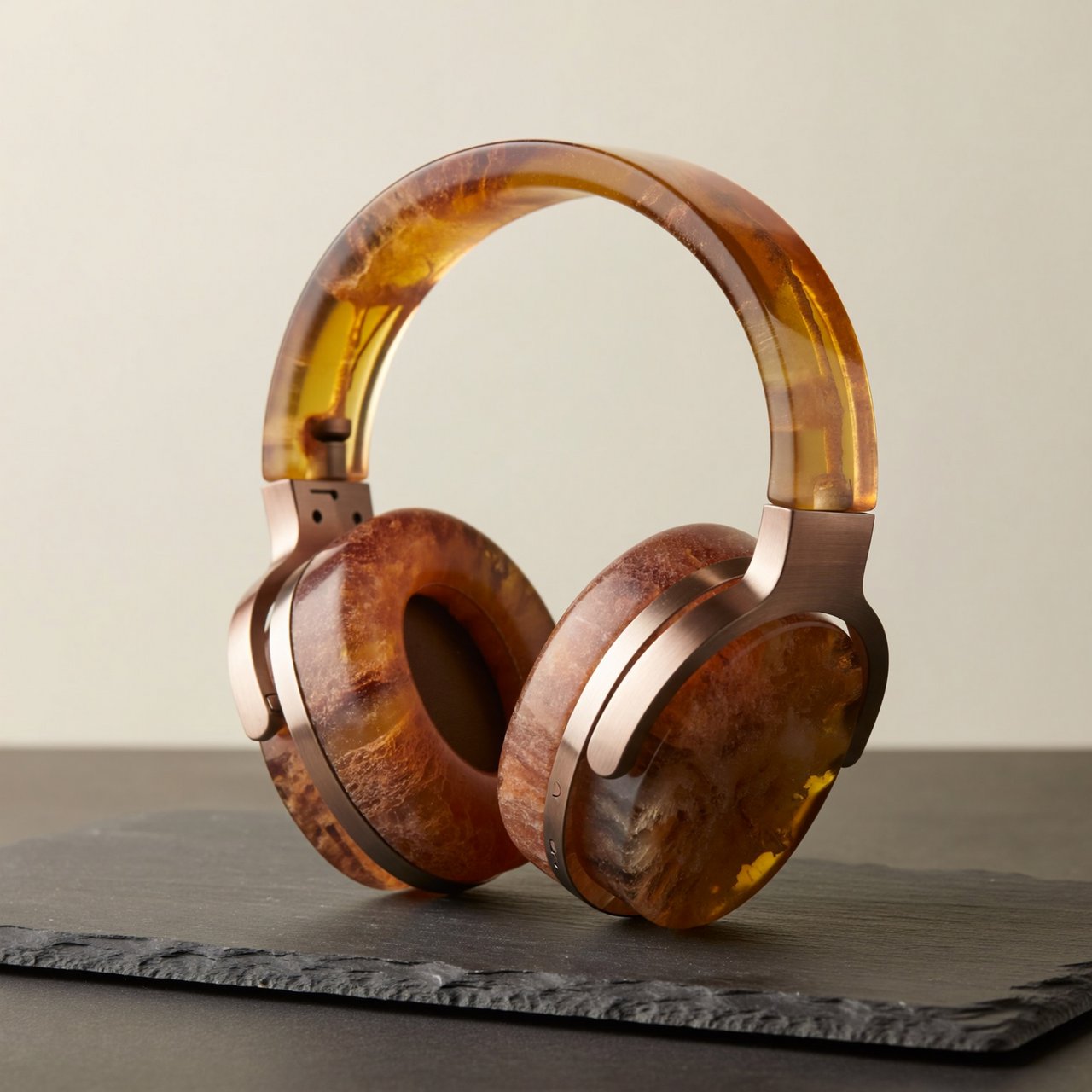 Commercial product photograph of unbranded over-ear headphones crafted from translucent amber resin and brushed titanium, resting on a dark slate surface against a muted cream background, lit by a broad diffused softbox and a delicate rim light. — ImagineArt 2