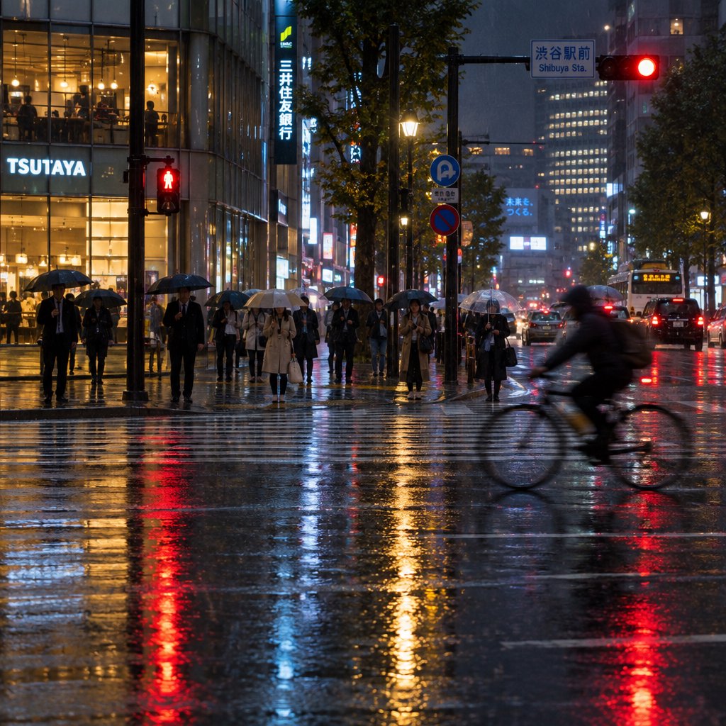 A rain-soaked city crosswalk at night seen from across the street, umbrellas, reflections of traffic lights on wet asphalt, slight motion blur on a passing cyclist. — GPT Image 2.5 Flare