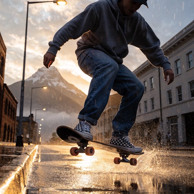 A man wearing a hoodie, jeans, and sneakers rides a skateboard that has taken off the ground. A low angle shows the man on the skateboard up in the air at high speed, with a snow-capped peak in the background beneath a setting sun in the evening sky. — Recraft v4 Pro