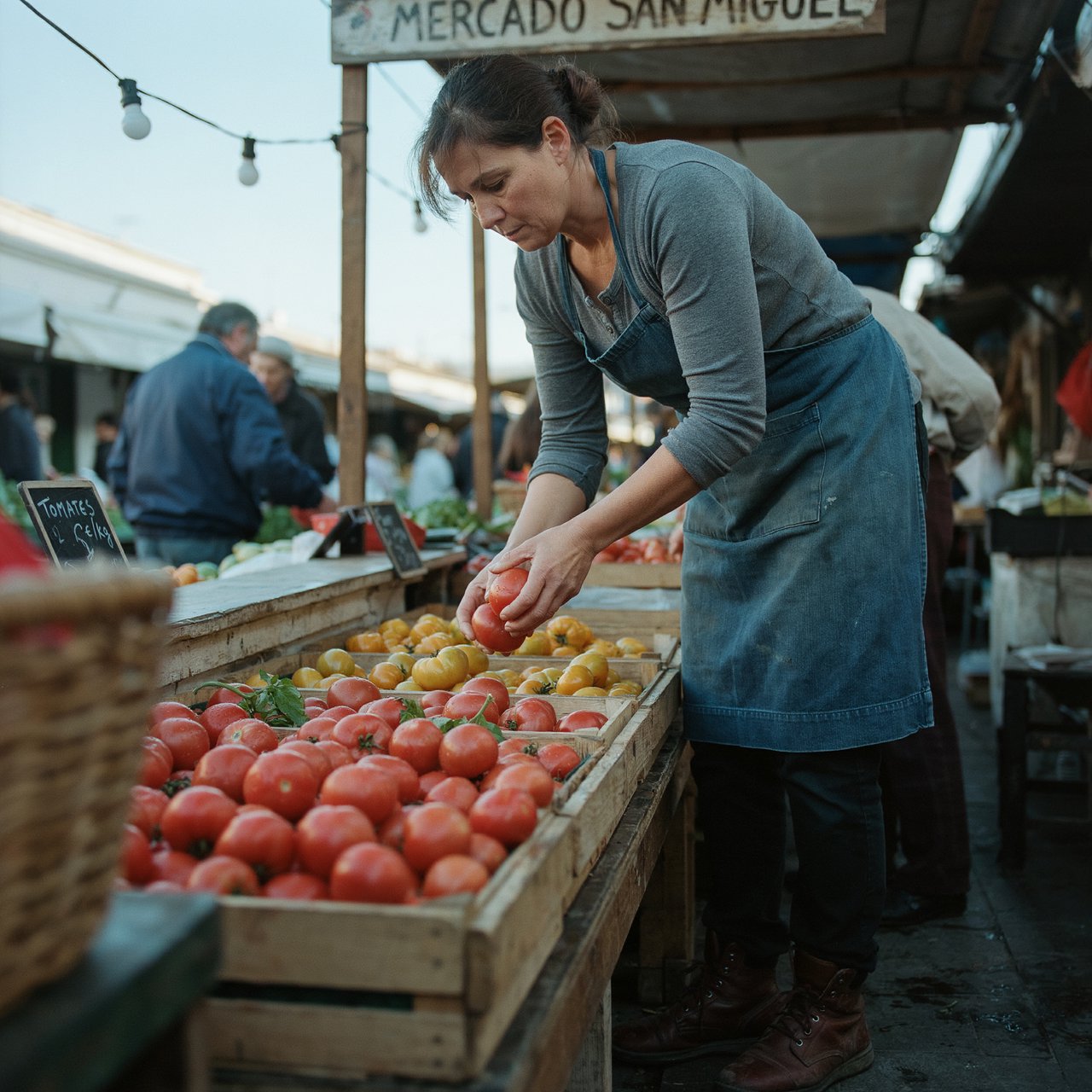 Candid documentary photograph of an adult market vendor arranging ripe tomatoes at an outdoor produce stall, cool early-morning side light, 50mm lens with shallow depth of field, condensation droplets beading on the tomato skins. — Ideogram v4
