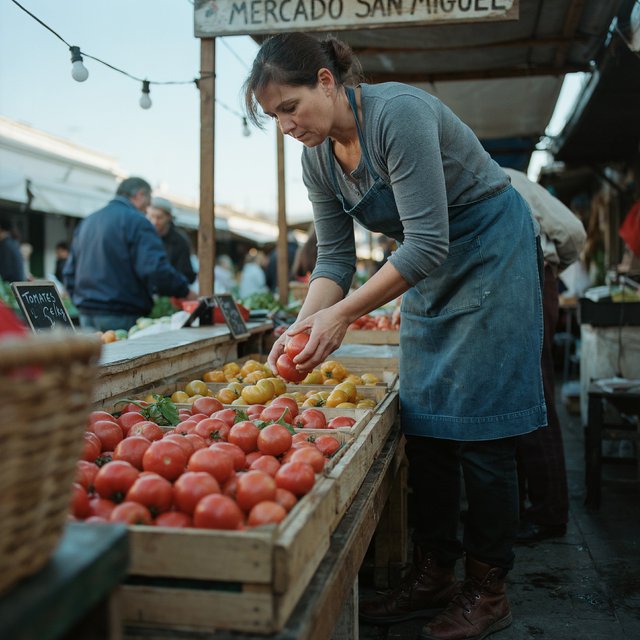 Candid documentary photograph of an adult market vendor arranging ripe tomatoes at an outdoor produce stall, cool early-morning side light, 50mm lens with shallow depth of field, condensation droplets beading on the tomato skins. — Ideogram v4