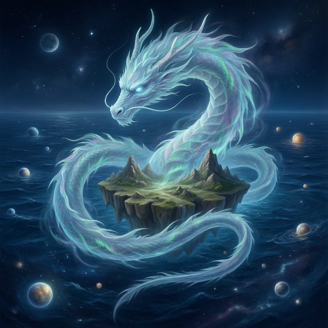 Whispers of mythic power coalesce into a spectral dragon, its form translucent and shimmering with auroral light, coiled around a floating island within a boundless celestial sea. Star-filled oceans stretch to the horizon, dotted with shimmering celestial bodies. The art style blends ethereal fantasy illustration with a subtle nod to ancient mythology, focusing on flowing lines and soft, glowing colors. The atmosphere is one of profound mystery and ancient magic. — Qwen Image 3.0