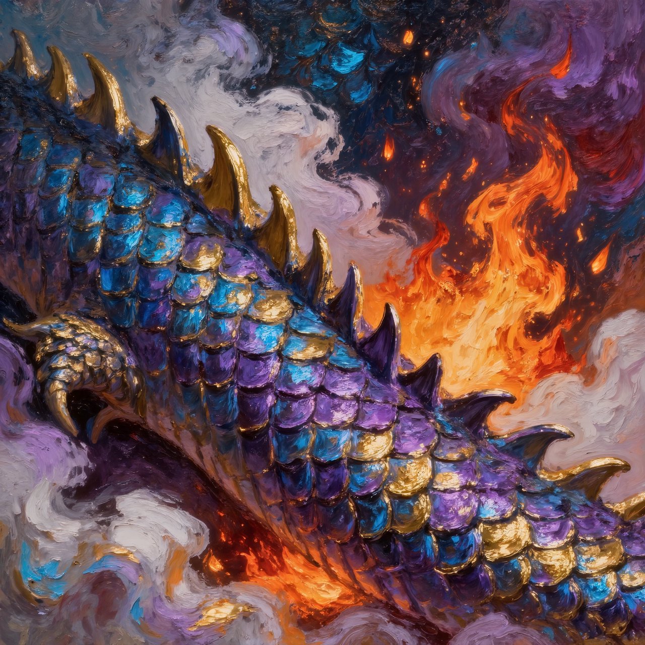 An abstract tapestry woven from the dreams of a sleeping dragon, depicted as a chaotic yet beautiful explosion of iridescent scales, fiery embers, and swirling smoke. The composition is dynamic and energetic, with bold brushstrokes and a rich, textured surface. The style is abstract expressionism, capturing the raw, untamed essence of draconic power. — Kling v3 Omni