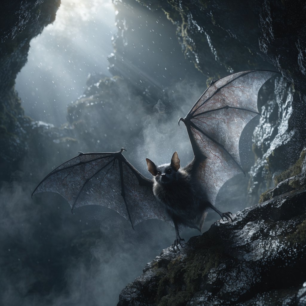 Vampire bat art, volumetric fog, chiaroscuro lighting, subsurface scattering. — Recraft v4