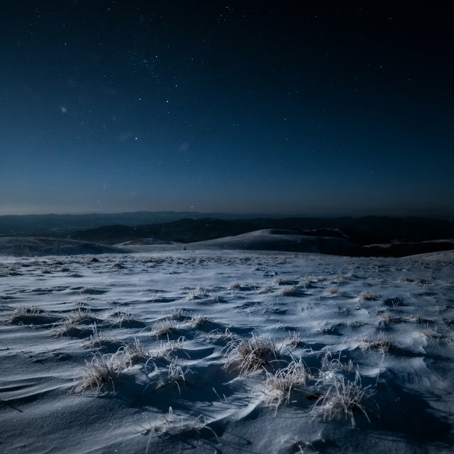 Moonlight washes a snowbound high plateau beneath sharp stars, while dry flurries cross the midnight air; frost feathers the foreground tussocks, and dark, rolling ridgelines recede into a blue-black distance. — Ideogram v4.5