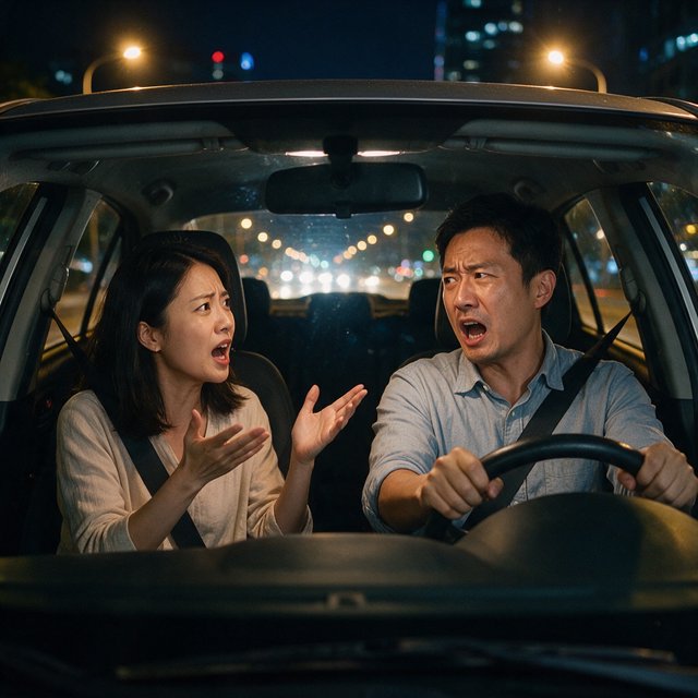 Frontal cinematic shot through the windshield of a car driving at night. A 35-year-old Chinese man is in the driver’s seat, gripping the steering wheel and arguing back in visible frustration. Beside him, a 30-year-old Chinese woman in the front passenger seat is nagging him animatedly, gesturing as she speaks. Both are clearly engaged in a tense argument. Nighttime city lights and passing streetlights glow outside, with reflections across the windshield and realistic interior lighting. — Seedream 5.0 Pro
