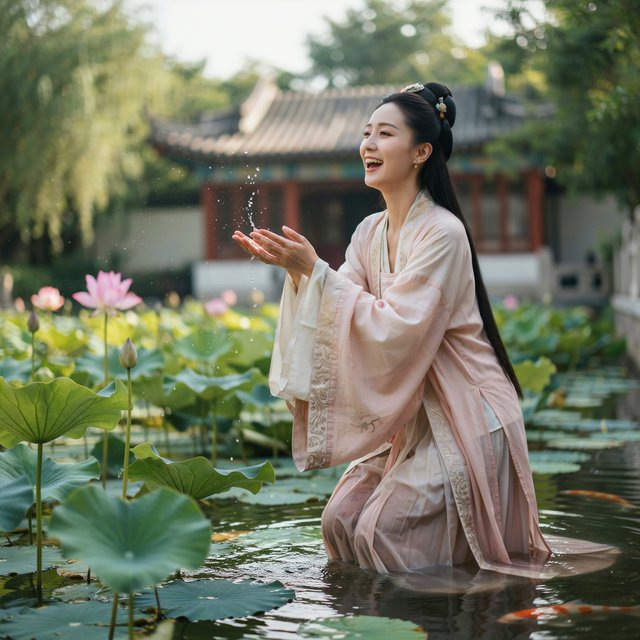 Cinematic shot, a breathtakingly stunning adult Chinese woman from ancient times playing joyfully by a crystal-clear lotus pond, mid-summer afternoon. She is wearing an exquisite, flowing silk Hanfu dress in pastel pink and white with intricate gold embroidery. Her face is porcelain-smooth, with delicate makeup, long black hair elegantly styled with jade hairpins, and a radiant, charming smile. Water droplets frozen in mid-air, sunlight filtering through lush green lotus leaves, creating dappled light on her skin. Shallow depth of field, bokeh background of traditional Chinese architecture, hyper-realistic, soft natural lighting, serene yet playful atmosphere. — Ideogram v4