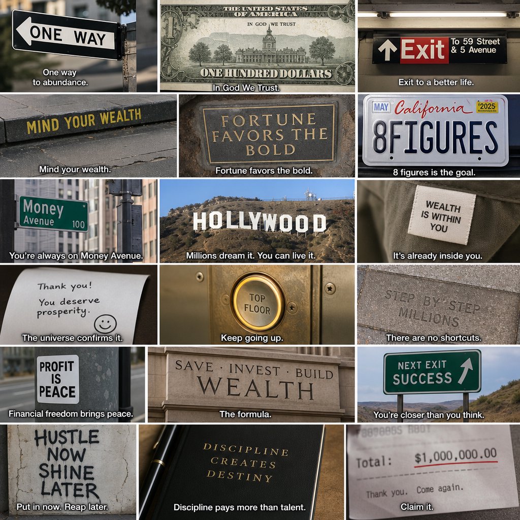 Messages and words related to making a ton of money, hidden in plain sight around the world. — GPT Image 2