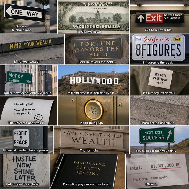 Messages and words related to making a ton of money, hidden in plain sight around the world. — GPT Image 2