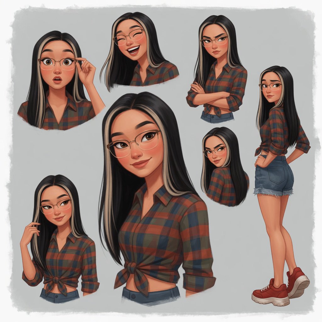 Character exploration sheet of the same woman: several bust and waist-up studies with varied expressions and 3/4 views, including one from behind, glancing over her shoulder at the viewer; one larger central portrait; and one full-length figure at the side, spanning the image height. Plain light-gray background with irregular painted edges. Character: 25-year-old Korean woman with long straight black hair and two platinum face-framing streaks from roots to ends, glasses, tipped almond eyes, Asian skin tone, plaid button-up tied at the waist, cuffed denim shorts, chunky red sneakers. Style: stylized semi-realistic digital painting; animation-inspired proportions, large eyes, strong brows, simplified but solid anatomy, painterly shape-based rendering, minimal linework, soft facial shading, angular clothing brushwork, warm luminous skin with peach/terracotta undertones and rosy cheeks/nose, sculpted hair, muted charcoal/earth palette, soft studio light, loose unfinished edges. — Grok Imagine Image Quality