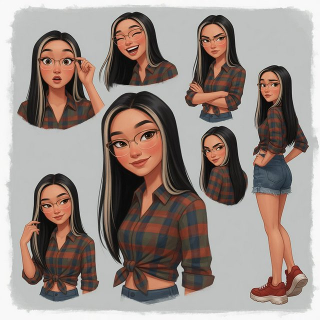 Character exploration sheet of the same woman: several bust and waist-up studies with varied expressions and 3/4 views, including one from behind, glancing over her shoulder at the viewer; one larger central portrait; and one full-length figure at the side, spanning the image height. Plain light-gray background with irregular painted edges. Character: 25-year-old Korean woman with long straight black hair and two platinum face-framing streaks from roots to ends, glasses, tipped almond eyes, Asian skin tone, plaid button-up tied at the waist, cuffed denim shorts, chunky red sneakers. Style: stylized semi-realistic digital painting; animation-inspired proportions, large eyes, strong brows, simplified but solid anatomy, painterly shape-based rendering, minimal linework, soft facial shading, angular clothing brushwork, warm luminous skin with peach/terracotta undertones and rosy cheeks/nose, sculpted hair, muted charcoal/earth palette, soft studio light, loose unfinished edges. — Model 6
