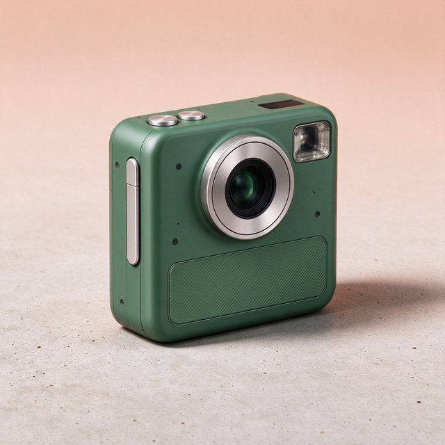 Commercial product photograph of an unbranded compact instant camera in matte forest-green polymer with brushed steel details, resting on a pale concrete surface against a warm peach background, illuminated by broad diffused studio light and a soft rim light. — Seedream 5.0 Flash