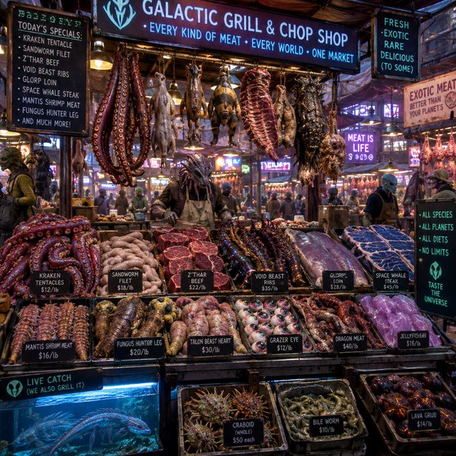 Exotic alien meat market with every possible meat imaginable on sale! — GPT Image 2.5 Flare