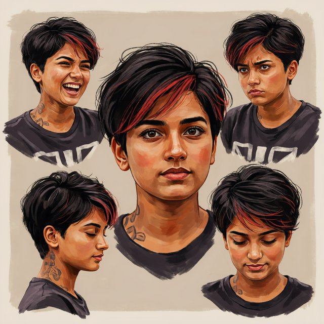 Character exploration sheet of the same 25-year-old Indian woman in several bust and waist-up studies, varied expressions and three-quarter views, one larger central portrait. Warm brown skin, black pixie haircut with red streaks, tattoos, tight T-shirt bearing an exclamation mark (!). Plain warm light-gray background, irregular painted edges. Stylized semi-realistic digital painting with animation-inspired proportions, large expressive eyes, strong brows, simplified anatomy and convincing volume. Minimal linework, soft blended facial shading, broad angular brushstrokes on clothing. Luminous warm brown skin with terracotta undertones, subtle blush, restrained highlights. Hair painted in sculpted masses with broad highlights and fine flyaways. Muted charcoal and earthy neutrals, soft directional studio lighting, detailed eyes and lips, loose edges and unfinished brushwork. — Ideogram v4.5