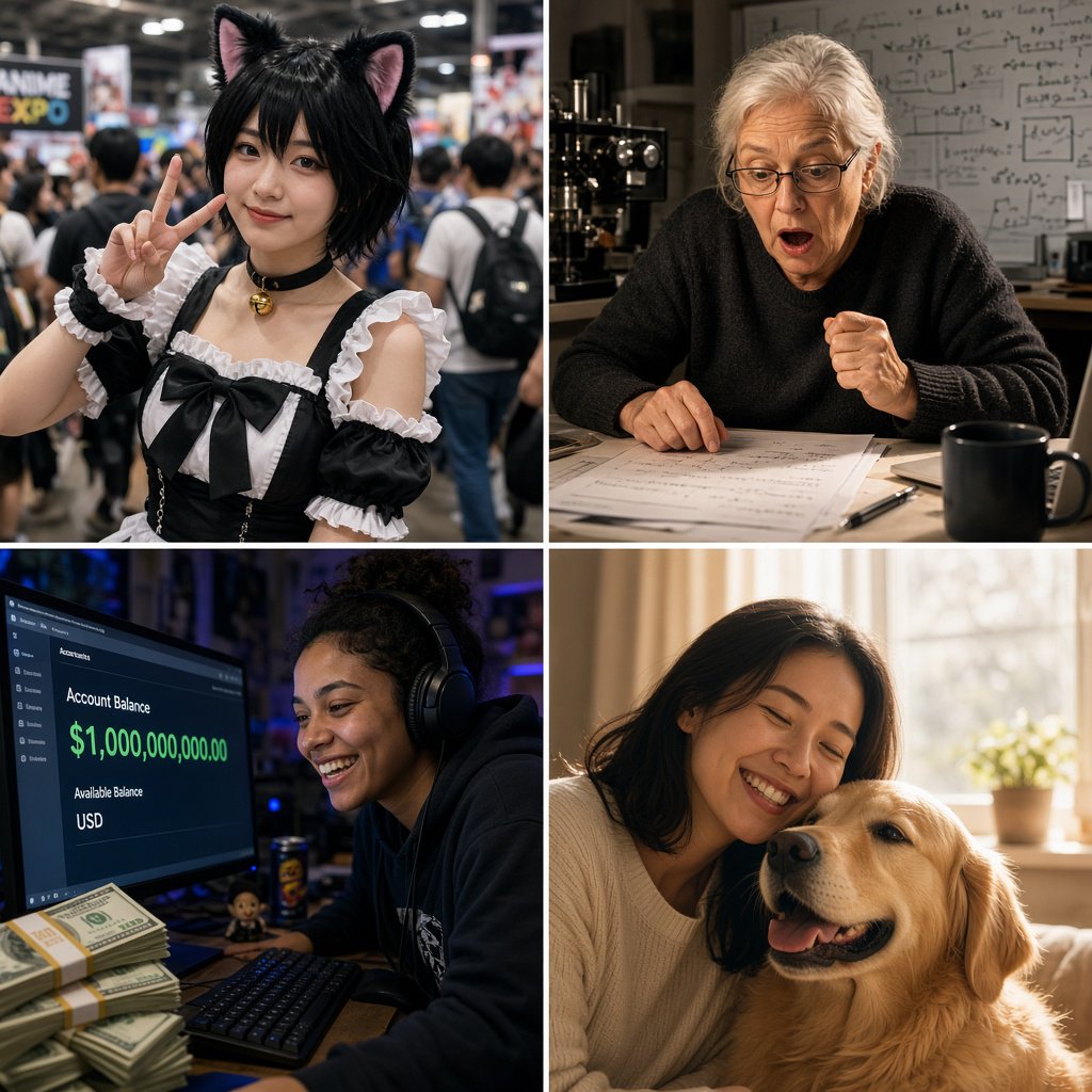 Realistic. Four scenes in one. 1) A pretty Japanese woman, about 19–23 years old, in cat-type cosplay at an anime convention. 2) An old German man or woman, about 60–65 years old, finally having a breakthrough that would change the world. 3) A happy, mixed-race, 21-year-old female or male hacker checking their bank account, which has many zeros, with a bundle of cash near their PC. 4) A happy moment that would make you smile. — Grok Imagine Image 2